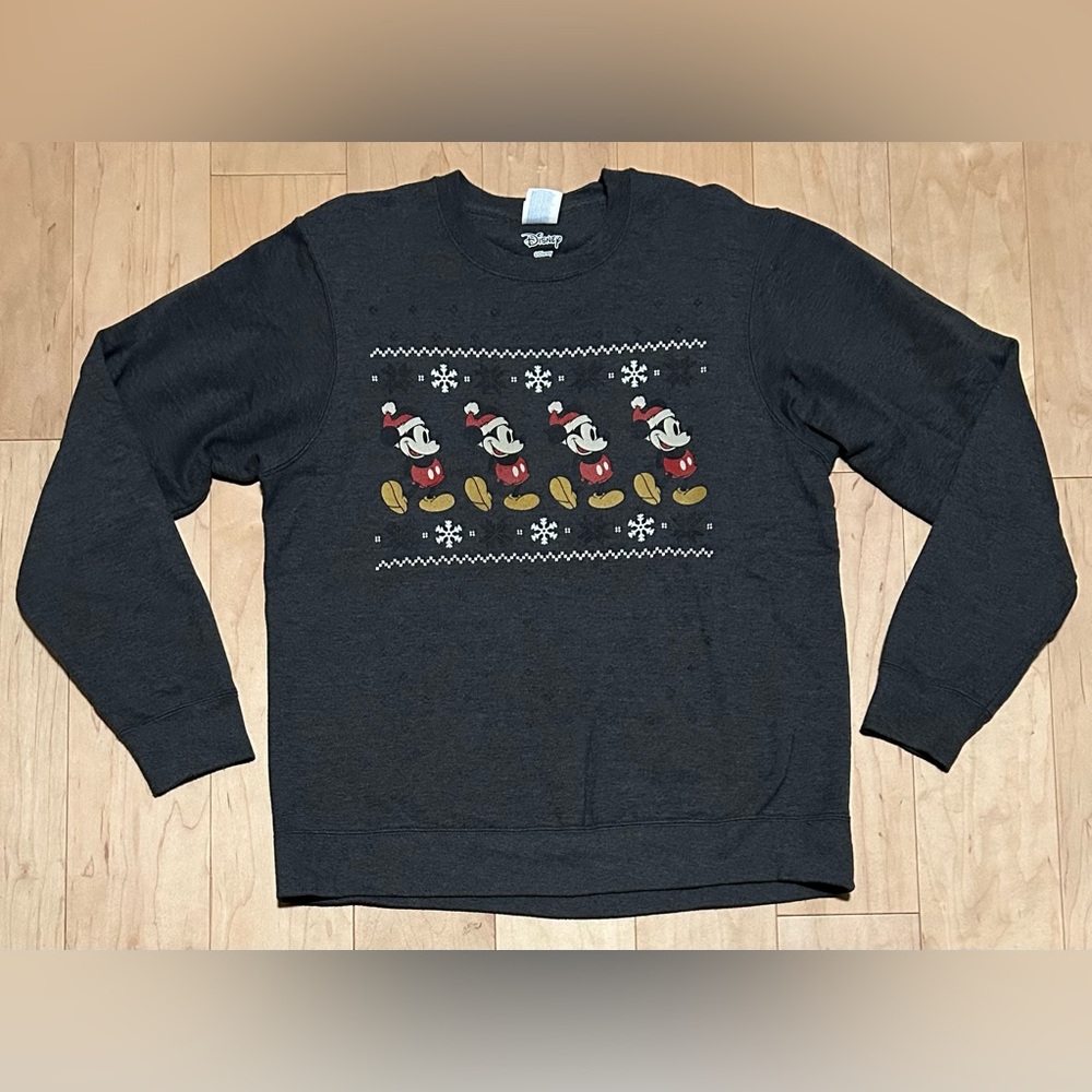 Disney Mickey Mouse Christmas Sweater Style Crewneck Sweatshirt in Gray